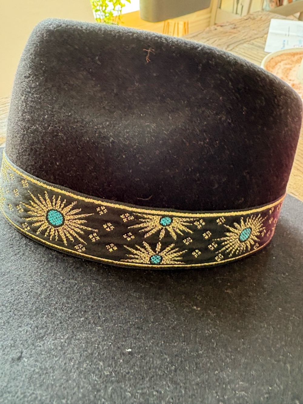 Lack Of Color Black Wide Brim Fedora with Embroidered gold and Turquoise Band - Picture 6 of 12